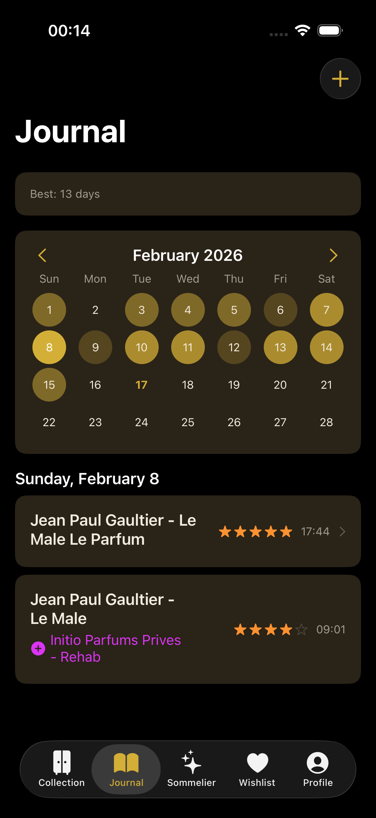 Wear journal heatmap calendar showing daily wear frequency with color intensity