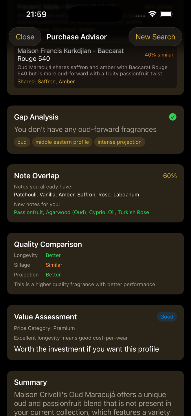 Purchase Advisor with gap analysis, note overlap, and quality comparison