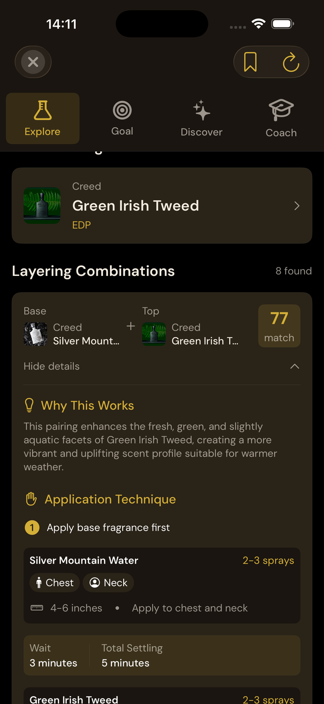 The Lab showing a layering combination of Creed Silver Mountain Water and Green Irish Tweed with a 77 match score, why-it-works notes, and application technique