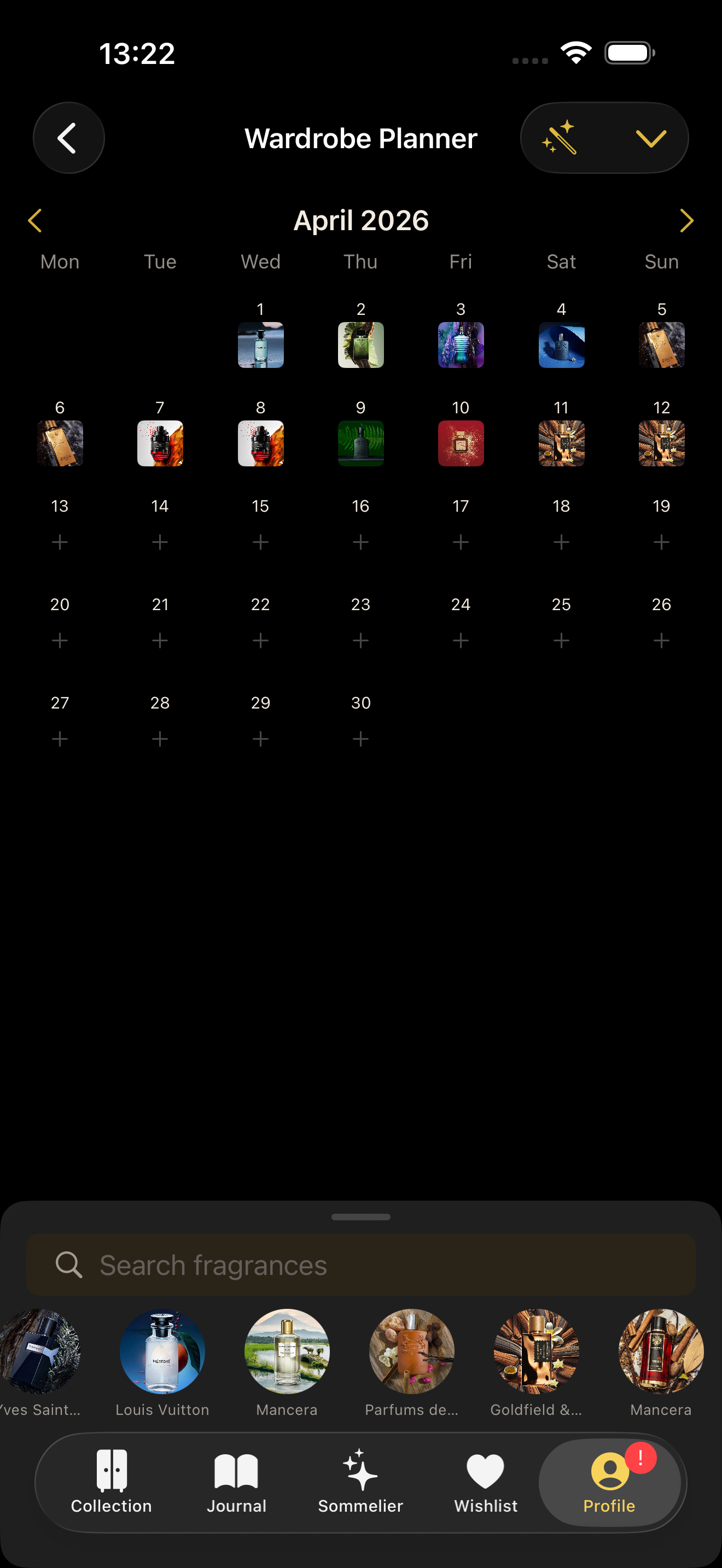 Wardrobe Planner calendar with fragrances assigned to upcoming days