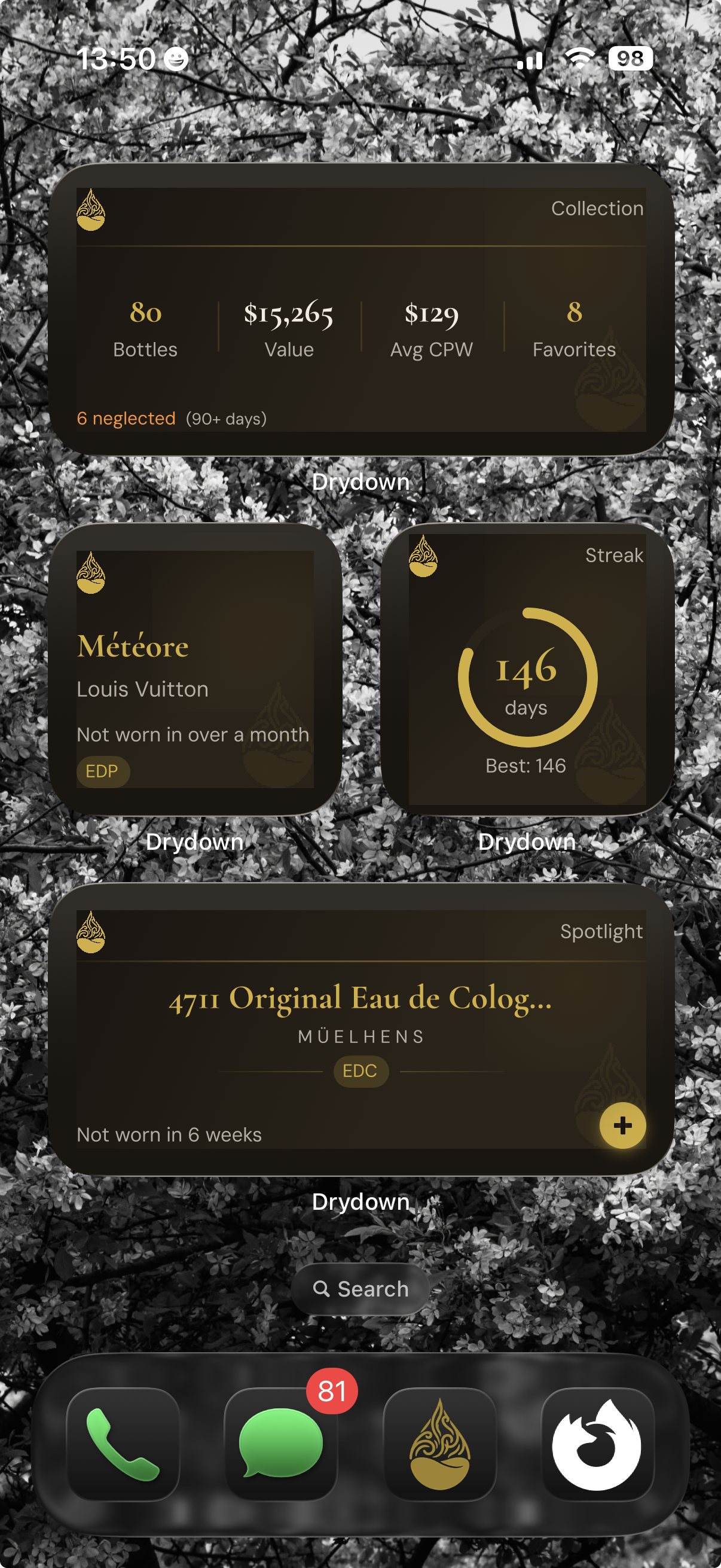 Home screen with premium glass card Drydown widgets