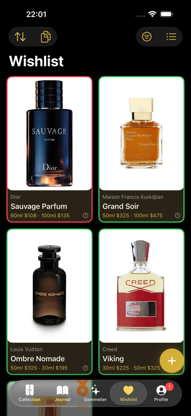 Wishlist grid with dupe detection borders showing Sauvage Parfum, Grand Soir, and more